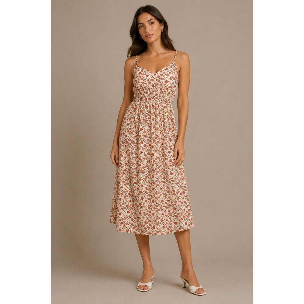 Old Navy Women Floral Cotton Midi Dress Smocked Waist Red Cream Sleeveless M NWT